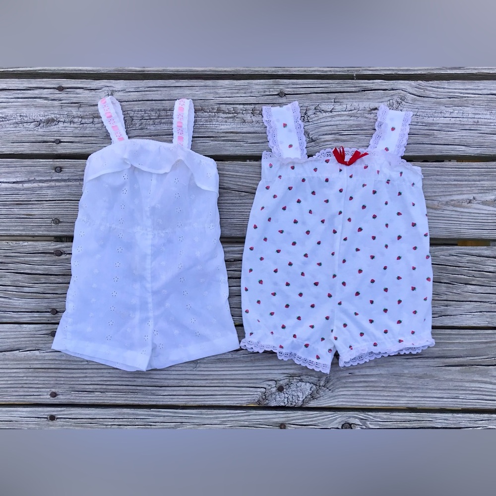 Nursery Rhyme White Eyelet & White Strawberry-Print Rompers